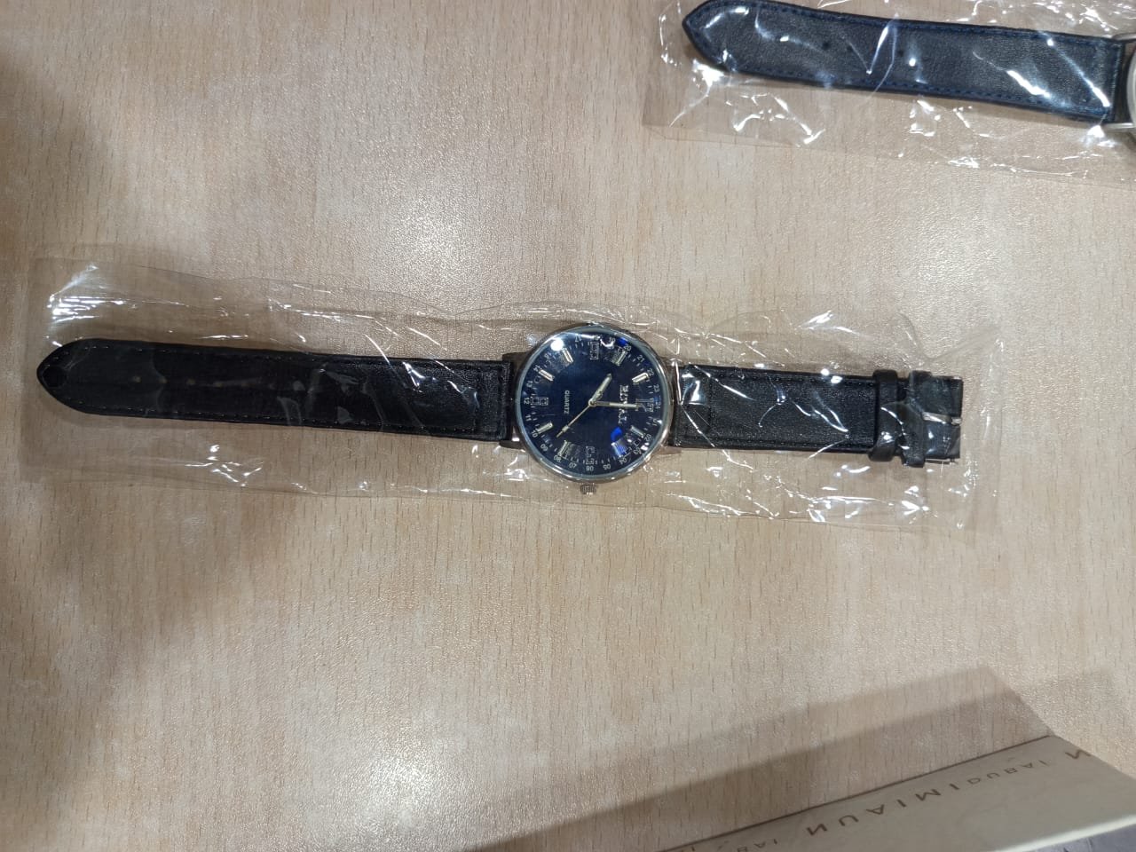 Blue Dial Quartz Watch with Black Leather Strap