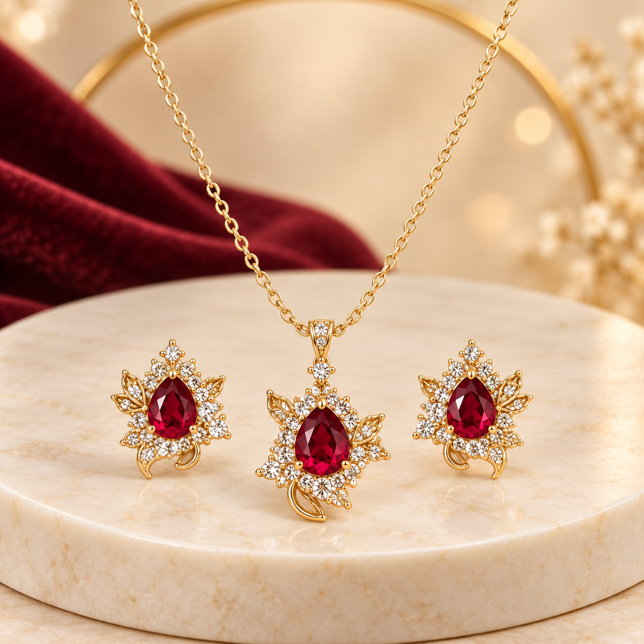 Red Crystal Gold-Tone Jewelry Set