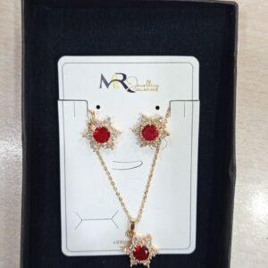 Red Stone Floral Fashion Jewelry Set – Gold Tone