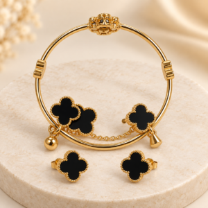 Gold-Tone Black Clover Bracelet & Earrings Set