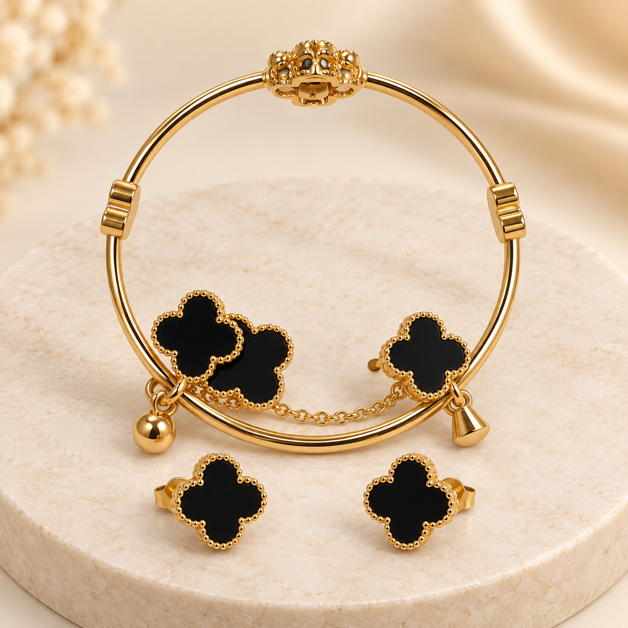 Gold-Tone Black Clover Bracelet & Earrings Set