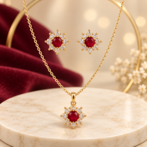 Red Stone Floral Fashion Jewelry Set – Gold Tone