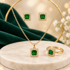 Green Stone Fashion Jewelry Set – Gold Tone